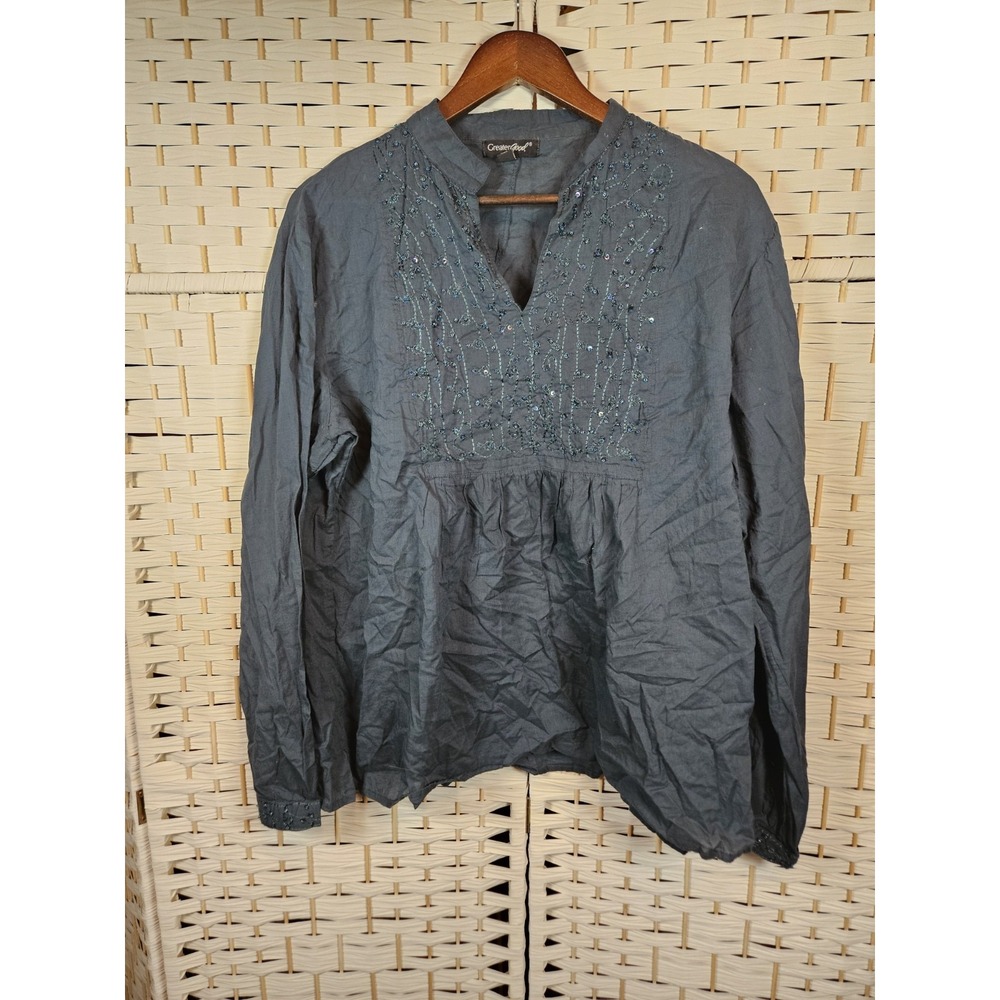 Greater Good Womens Embellished Teal Blouse Sz L Casual Party Holiday